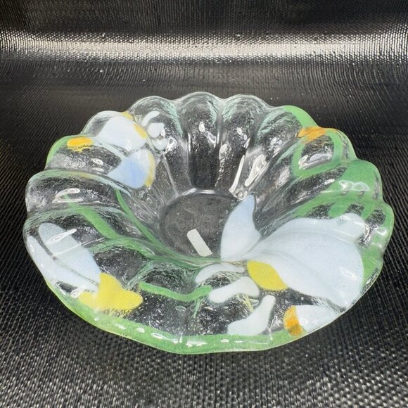 Sydenstricker Fused Art Glass Bowl Ruffled Edges Flower Pattern Original Sticker - Picture 9 of 14